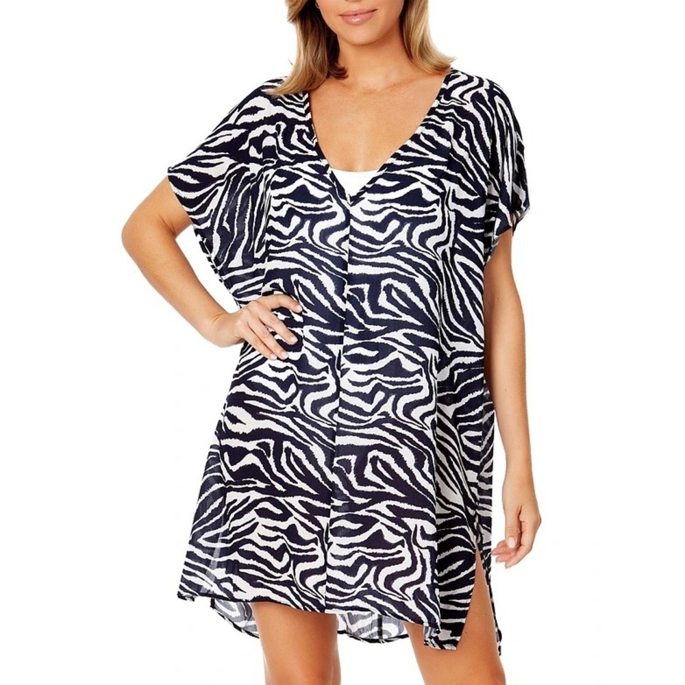 Anne Cole Womens L/XL Animal Print V-Neck Short Sleeve Swim Cover Up Tunic $84